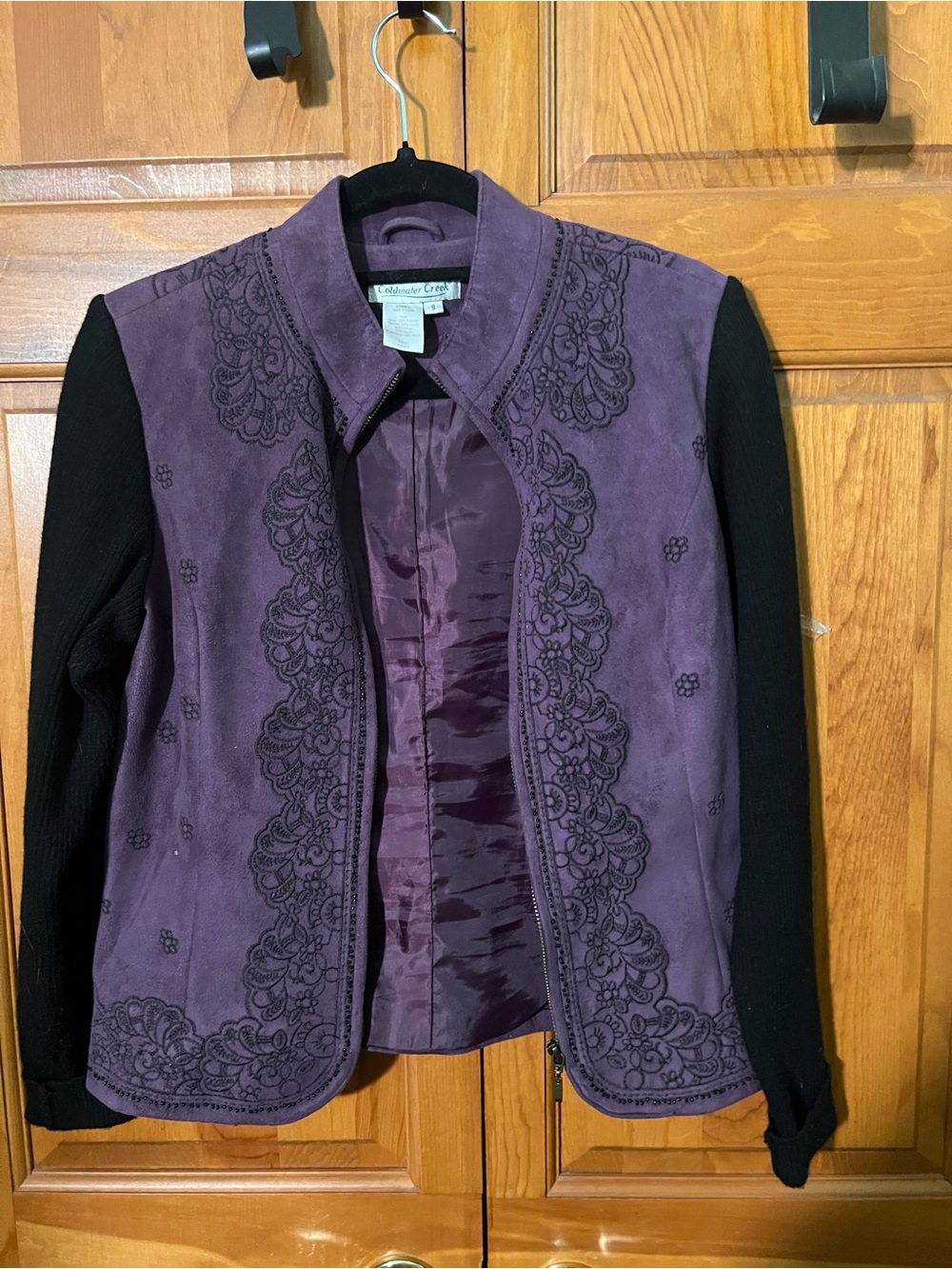 Coldwater Creek Purple Suede-Front Blazer with Black Knit Sleeves